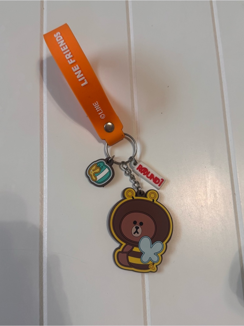 Line Friends Brown Bear Bumble Bee Round 1 Exclusive Orange Strap Keychain